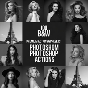 100 B&W Premium Photoshop Actions - Professional Black & White Photo Editing Presets for Photographers and Creatives