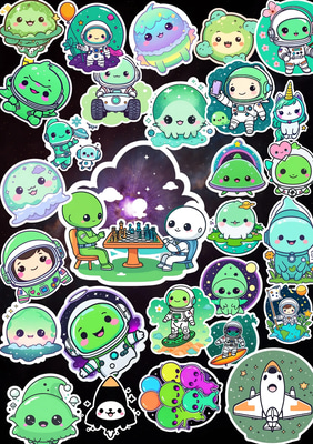 100 Cosmic Voyage Space & Astronaut Set - Glossy Space Alien & UFO Sticker Bundle for Creative Projects 2025