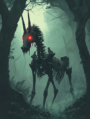 Cursed Unicorn with Skeletal Horn - Dark Mythical Creature Art for Horror Enthusiasts and Fantasy Creators