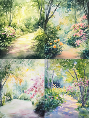 Peaceful Garden Watercolor Scene - Tranquil Heritage Brushwork Painting for Artistic Decor and Creative Projects
