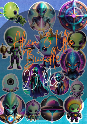 25 Martian Mix UFO Sticker Collection - GlossEdge Collective Space Alien & UFO Themed Digital Stickers for Creative Projects