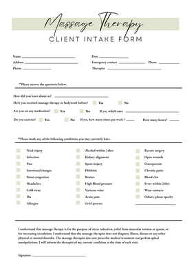 Massage Therapy Intake Form Client Details Sheet - Professional Medical Record Template for Health & Wellness Providers