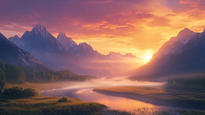 Dawnspire Misty Mountain Sunrise - Digital Realistic Landscape Art for Immersive Environmental Design and Creative Projects