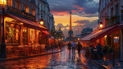 Café Lumière Romantic Parisian Evening - Digital Environmental Illustrations for Atmospheric Storytelling and Creative Projects