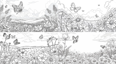 Flower Meadow Coloring Page - Elegant Floral Coloring Art for Relaxation and Creative Expression