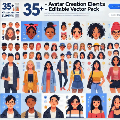 35+ Avatar Creation Elements - Editable Vector Pack - Pixel-Perfect Avatars for Designers and Creators