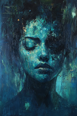 Dark Blue Expressionistic Portrait of a Woman - Captivating Expressionistic Portrait Art for Emotional and Artistic Spaces