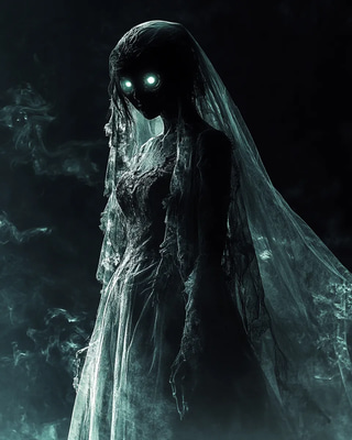 Ghostly Bride In Tattered Gown - Gothic Digital Art for Dark Aesthetic Projects and Horror Creators