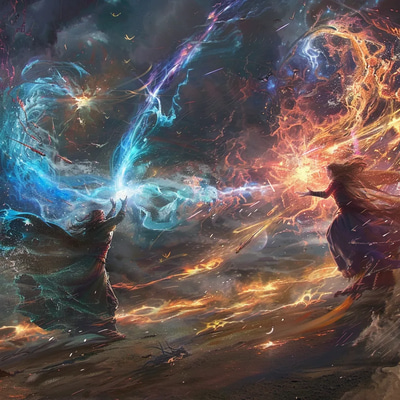 Arcane Clash Sorcerers Storm Battle - Dynamic Concept Art for Storytelling and Fantasy Creators