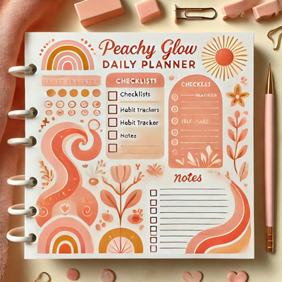 Peachy Glow Playful Feminine Daily Planner - Vibrant Wellness & Self-Care Organizer for Balanced Living