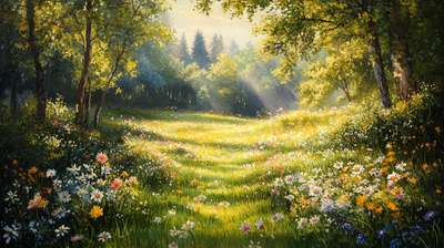 Lush Spring Meadow - Serene Landscape Art for Tranquil Outdoor Ambiance and Creative Projects