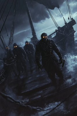 Undead Pirate Crew Illustration - Dark Horror Art for Spooky Storytelling and Creative Projects