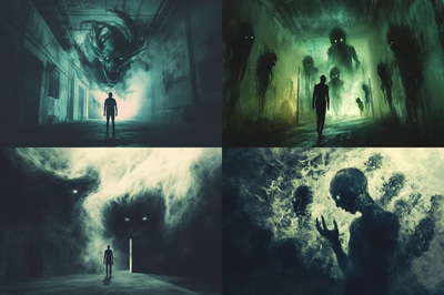 Person Sees Monstrous Figure Illustration - Dark Psychological Horror Art for Creative Storytelling and Visual Impact
