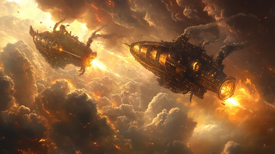 Aetherwar Duel of the Dreadnoughts - Steampunk Fantasy Art for Immersive Creative Worlds and Storytelling
