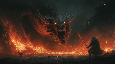 Cursed Dragon and Terrified Knight Art - Dark Mythical Creature Illustration for Horror and Fantasy Creators