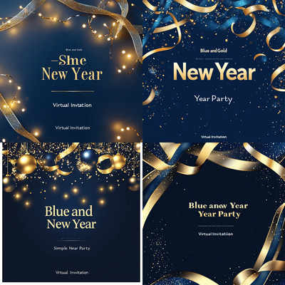 Blue and Gold Simple New Year Party Virtual Invitation - Elegant Festive Digital Invite for Virtual Celebrations and Social Gatherings 2025