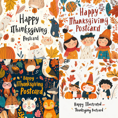 Happy Illustrated Thanksgiving Postcard - Warm Harvest Greeting Card for Personal and Business Use