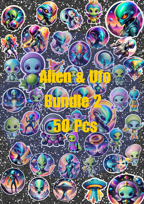 50 Interstellar Beings Alien Sticker Bundle - Glossy Space Alien & UFO Stickers for Creators and Enthusiasts