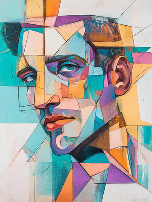 Cubist Portrait of a Man with Rich Overlapping Shapes - Expressive Cubist Portrait Art for Creative Studios and Fine Art Enthusiasts