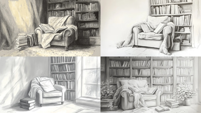 Cozy Reading Nook Sketch Drawing - Timeless Hand-Drawn Illustration for Artistic Projects and Home Decor