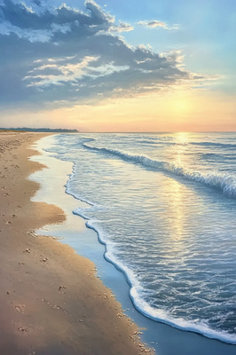 Peaceful Dawn Beach - Serene Seascape Landscape Art for Tranquil Spaces and Creative Displays