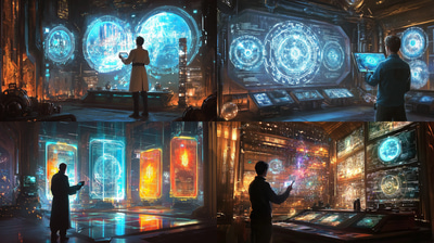 Futuristic Scientist Studying Time Fractures - Sci-Fi Art - Immersive Cosmic Visuals for Futuristic Storytellers and Creators