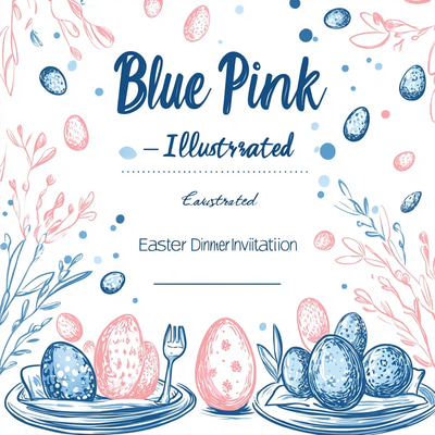 Blue Pink Illustrated Easter Dinner Invitation - Charming Hand-Drawn Card for Festive Spring Celebrations
