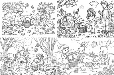 Easter Egg Hunt Coloring - Seasonal Outline Nest Press Pages for Creative Family Fun and Educational Activities