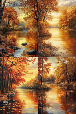 Autumn Riverbank Scene - Serene Verdant Landscape Art for Tranquil Home & Office Decor