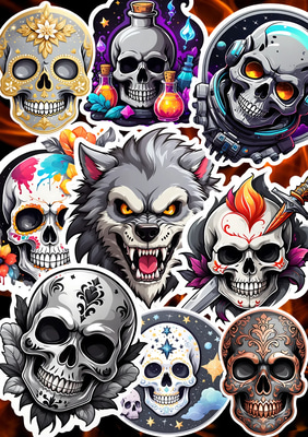 25 Bone Yard Skull Sticker Set - Spooky Horror & Paranormal Illustrations for Creators and Enthusiasts