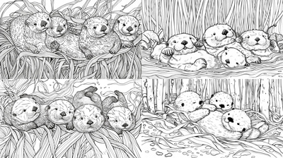 Sea Otters Coloring Page - Detailed Underwater Marine Life Illustration for Relaxation and Creative Play