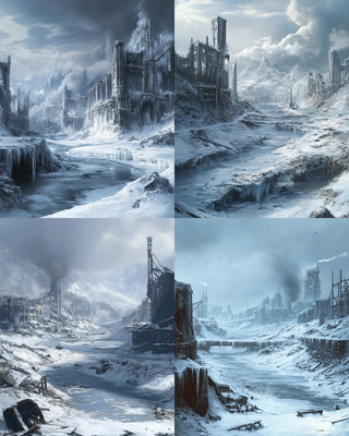 Nuclear Winter Landscape with Icy Ruins - Post-Apocalyptic Sci-Fi Art for Immersive Visual Projects and Storytelling
