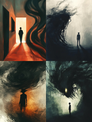 Person With Shadow Doppelgänger Art - Dark Psychological Horror Digital Artwork for Creative Projects