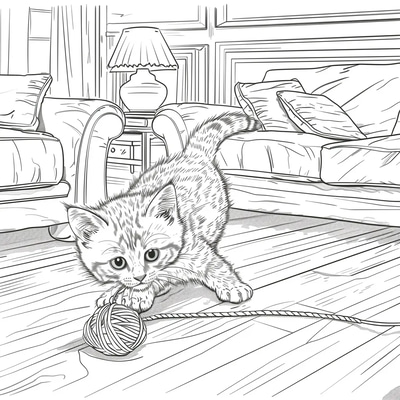 Kitten Playing Coloring Page - Delightful Animal Coloring Art for Relaxation and Creative Fun