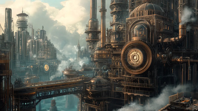 Massive Steampunk Fortress Powered by Steam Cannons - Intricate Sci-Fi Art for Futuristic Worldbuilders and Designers