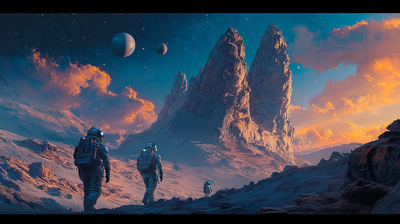 Exploration Team Navigating Hostile Exoplanet - Sci-Fi Vector Art for Futuristic Space Visuals and Creative Projects