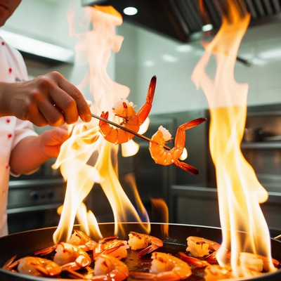 Flambéed Shrimp Masterclass - Chef on Fire - Cinematic Culinary Stock Video for Food Creators and Chefs