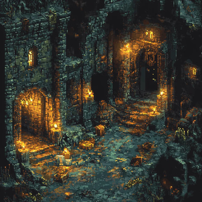 Dungeon Scene with Flickering Torches - Retro Pixel Art Ambience for Game Developers and Digital Creators