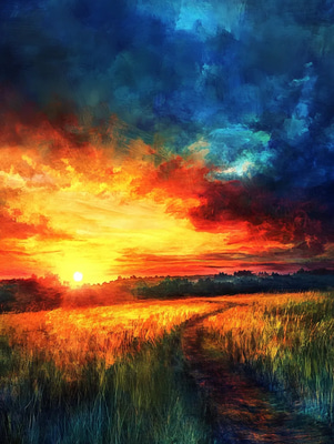 Country Sunset Peace - Serene Landscape Art for Relaxing Ambience and Creative Spaces