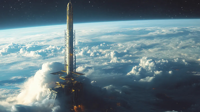 Futuristic Space Elevator Reaching into Orbit - Sci-Fi Space Exploration Art for Visionary Creators and Digital Projects