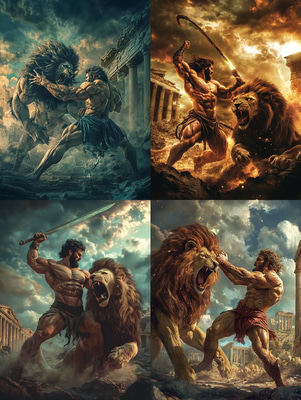 Heracles' Trial - Nemean Lion Battle - Mythic Fantasy Art for Epic Storytelling and Creative Projects
