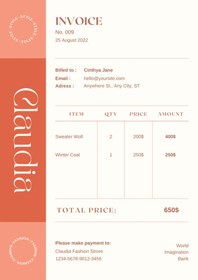 Aesthetic Orange Boutique Invoice Template - Stylish Business Invoice for Professional Branding and Streamlined Billing