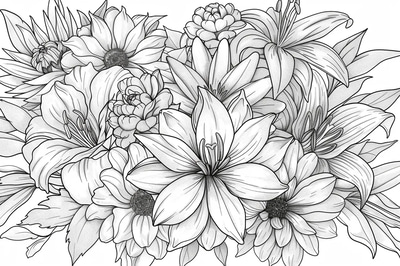 Mixed Flower Bouquet Coloring - Elegant Floral Coloring Pages for Relaxation and Creative Expression