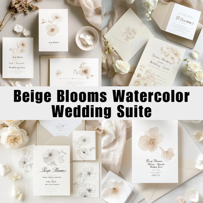 Beige Blooms Watercolor Wedding Suite - Elegant Floral Invitation and Engagement Card Set for Timeless Celebrations