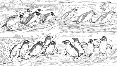 Penguins Swimming Coloring - Charming Underwater & Marine Life Art for Relaxing Creative Fun