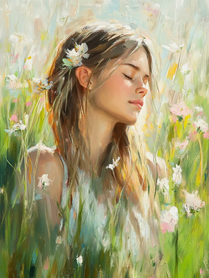 Impressionistic Portrait of a Girl in a Sunlit Meadow - Vibrant Impressionistic Portrait Art for Personalized Decor and Creative Projects