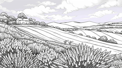 Lavender Field Coloring Page - Serene Floral Coloring Art for Relaxation and Creative Mindfulness