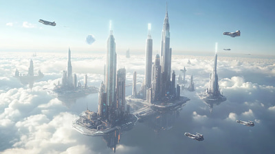 Floating City Above the Clouds - Futuristic Sci-Fi Cityscape Illustration for Creative Projects and Digital Art Enthusiasts
