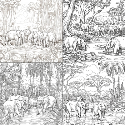 Elephant Herd Bathing Coloring - Soothing Animal Coloring Pages for Relaxation and Creative Joy