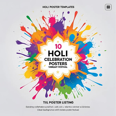 10 Holi Celebration Posters - Vibrant Festival PSD Bundle - Colorful, Festive Marketing Templates for Creative Campaigns